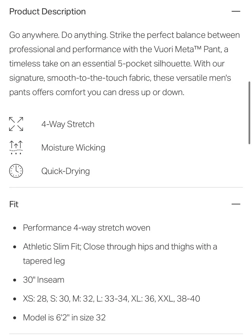Men’s Vuori NWOT Meta Pant in Light Grey size 33
